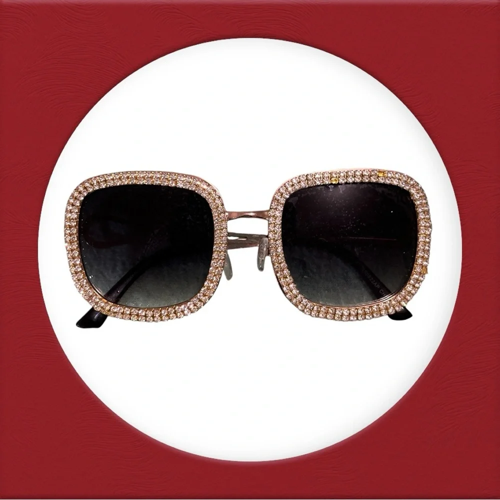 Square Oversized Sunglasses with Diamond Stud Decorated Lens Women's Black/Gold